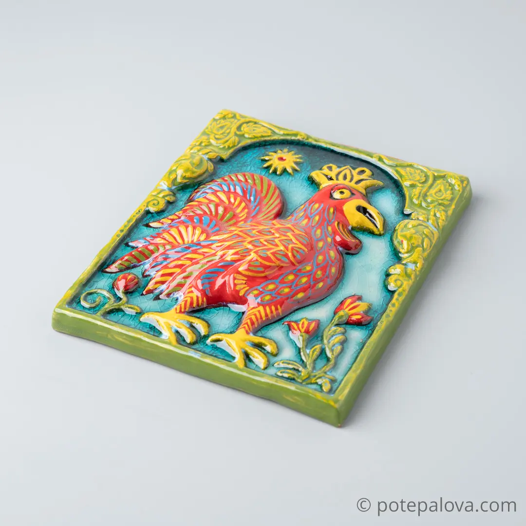 картинка Изразец ручной работы "Петушок" большой с росписью - DishWishes.Ru